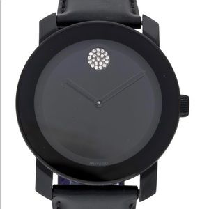 MOVADO BOLD crystal watch black leather band with box 42mm